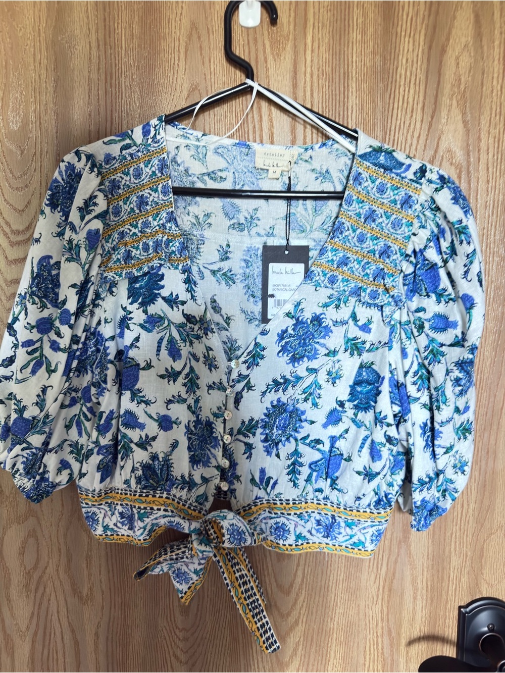 Nicole Miller Blue Floral Tie-Front Puff Sleeve Blouse
